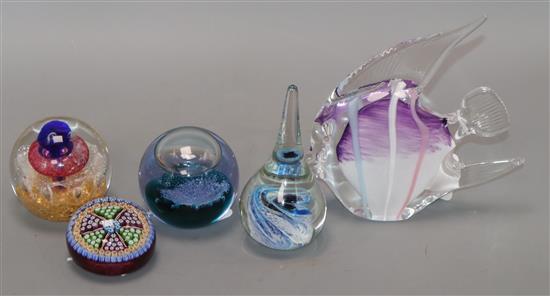 A Caithness Ozone glass paperweight, boxed, a Perthshire example, two other paperweights and a glass fish